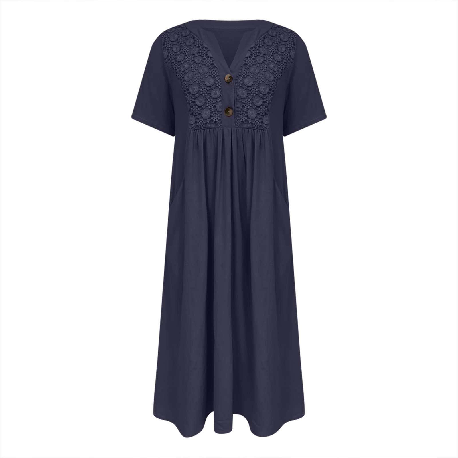 thumbnail image 4 of Vestido largo boho de manga corta con cuello en V y bolsillos para mujer: vestido de playa de poliéster con estampado floral para el verano, 4 of 5